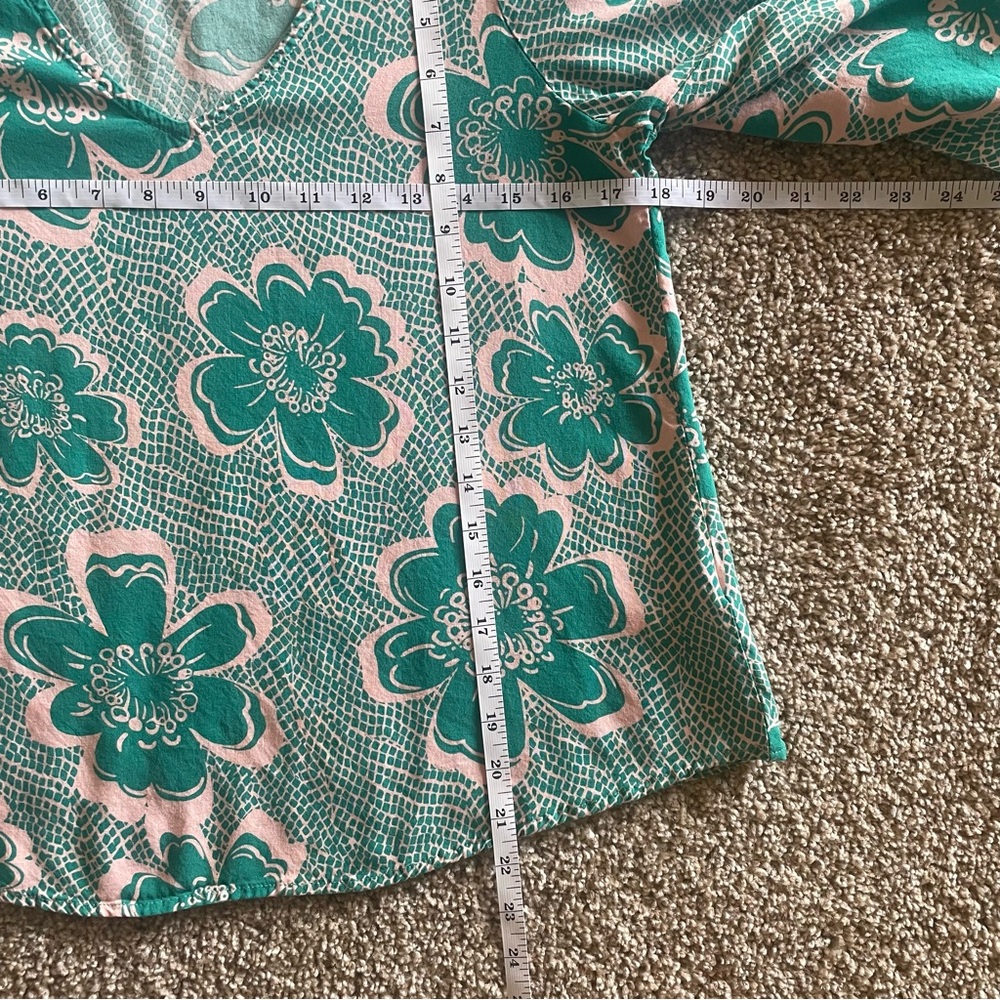 Emily Wonder Floral Blouse Womens S Green Hibiscus Checkered Flared Sleeves Boho - Picture 8 of 10